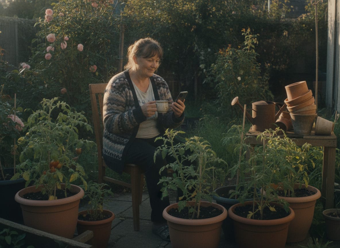 Candid documentary photo of an ordinary-looking woman in her fifties in a small back garden, sitting on a worn wooden ch