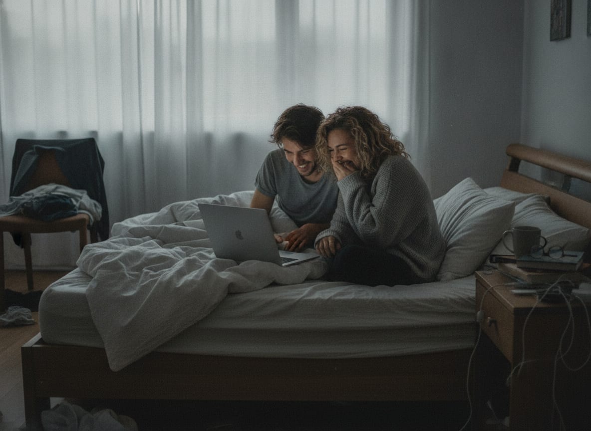 Candid documentary photo of an ordinary young couple in their twenties sitting on an unmade bed by a bedroom window, lea