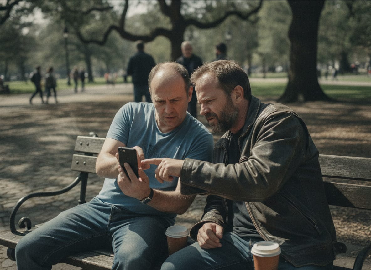 Candid documentary photo of two ordinary-looking men in their forties sitting on a park bench at midday, one showing the
